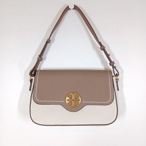 Tory Burch Shoulder Bag Women Tan White Leather Flap Gold Logo Crossbody Classic